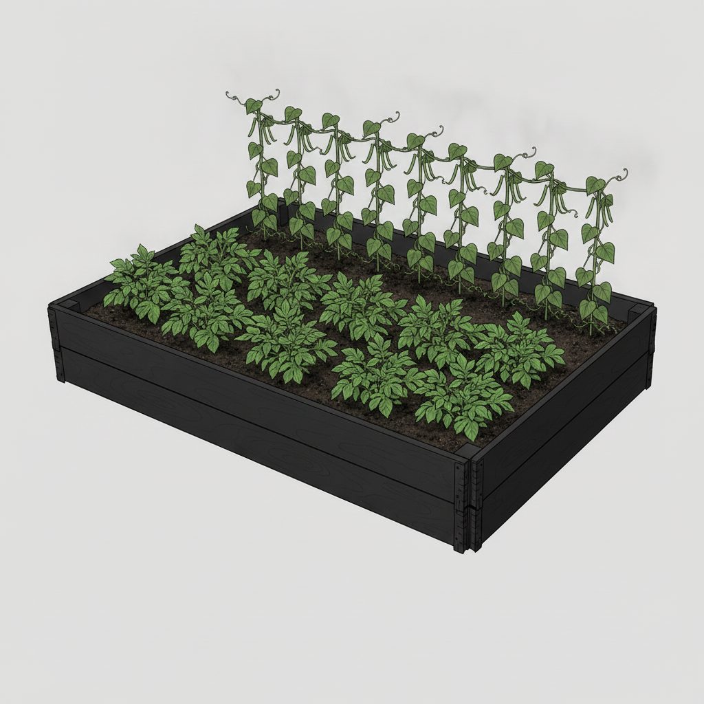 Potato rows with beans climbing between the plants.