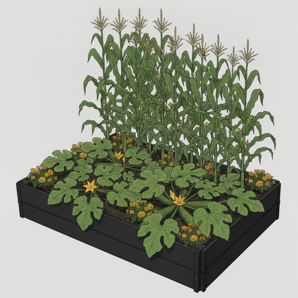 Tall corn stalks, zucchini sprawling as ground cover below, and marigold tucked between the two.